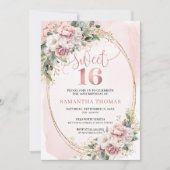 ガーデン ローズゴールド フラワーとグリーン Sweet 16 招待状 (正面)