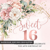 ガーデン ローズゴールド フラワーとグリーン Sweet 16 招待状