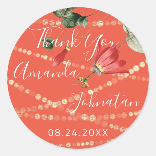 ガーデン ローズ ゴールド リーフ ネーム デート コーラル ゴールド アイビー ラウンドシール (正面)