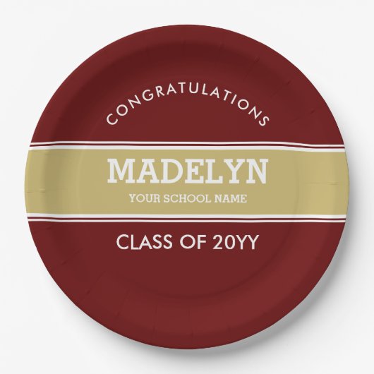 ガーネットおよび金ゴールドカスタムの卒業紙プレート ペーパープレート (正面)
