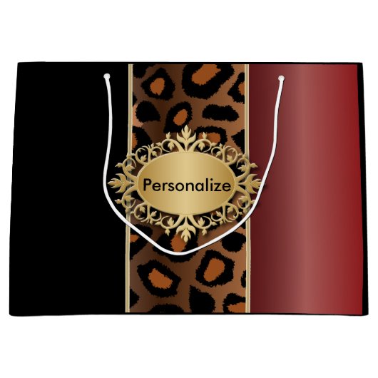 ガーネット赤と黒のヒョウのパターン ラージペーパーバッグ (正面)