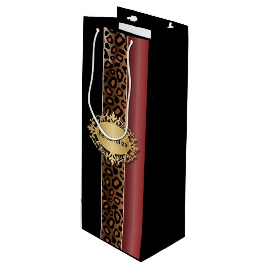 ガーネット赤と黒のヒョウ柄 ワインギフトバッグ (正面アングル)