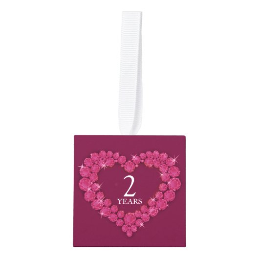 ガーネット2周年結婚ハート2枚の写真 キューブオーナメント (正面)