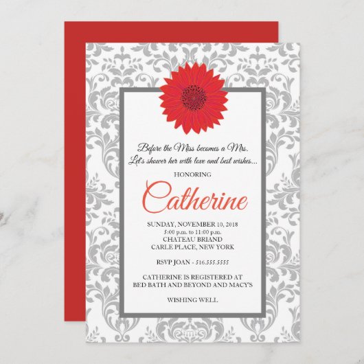 ガーベラのデイジーのDemaskの灰色のブライダルシャワー 招待状 (正面/裏面)