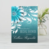 ガーベラのデイジースクロールブライダルシャワーのティール(緑がかった色) 招待状 (スタンド正面)