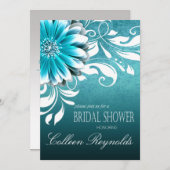 ガーベラのデイジースクロールブライダルシャワーのティール(緑がかった色) 招待状 (正面/裏面)