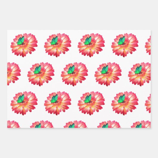 ガーベラデイジーとティール（緑がかった色）バタフライギフトラップ ラッピングペーパーシート (正面3)