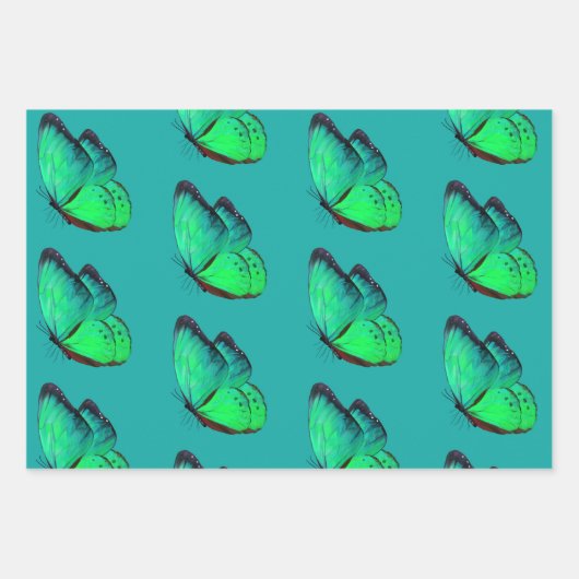 ガーベラデイジーとティール（緑がかった色）バタフライギフトラップ ラッピングペーパーシート (正面2)