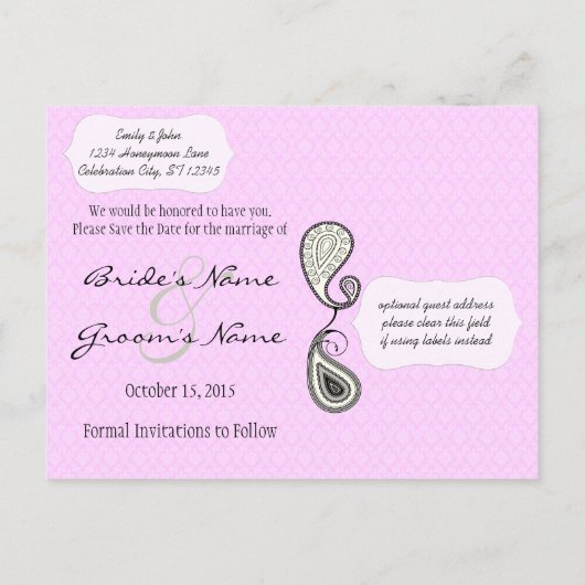 ガーベラ明るい赤紫色&グレーペイズリー保存日付 案内ポストカード (裏面)