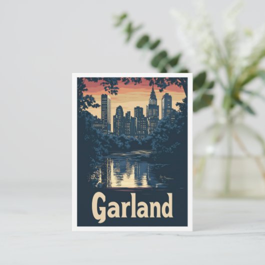 ガーランドテキサス州USAアートヴィンテージトラベルイラストレーション ポストカード (スタンド正面)