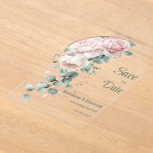 ガーランドピンクの牡丹ユーカリの葉の日付を保存 アクリル招待状 (レイダウン)