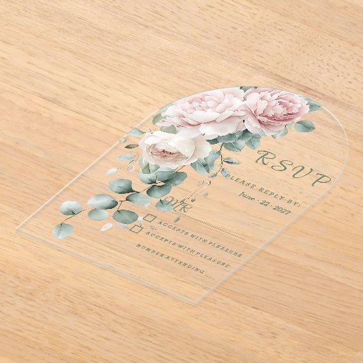 ガーランドピンク牡丹ユーカリ葉RSVP アクリル招待状 (レイダウン)
