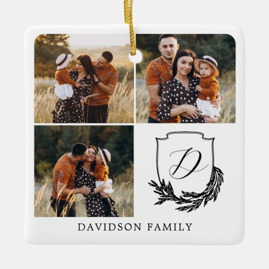 ガーランドリースモノグラムファミリーフォトギャラリーブラック セラミックオーナメント (正面)