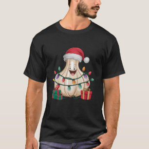 ガーリックおもしろい恋人クリスマス照明サンタハットニンニク Tシャツ
