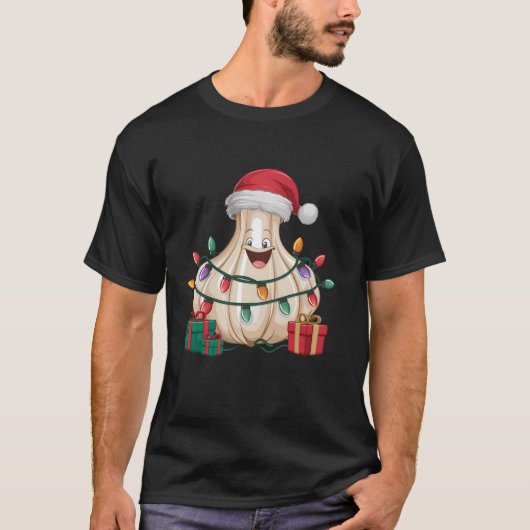 ガーリックおもしろい恋人クリスマス照明サンタハットニンニク Tシャツ (正面)