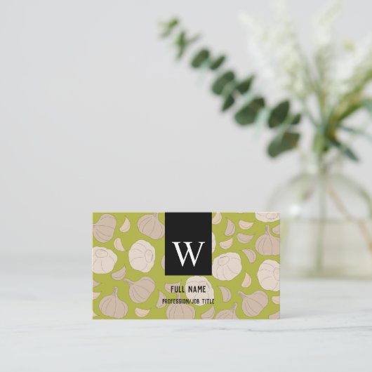 ガーリックパターン – ガーリッククローブ&バルブ調理師シェフ 名刺 (スタンド正面)