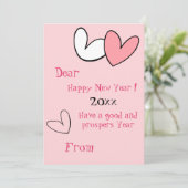 ガーリーおもしろいシンプル新年あいさつピンクハートカード シーズンカード (スタンド正面)