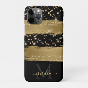 ガーリーおもしろいブラック金ゴールドグリッタースクリモノグラムのプト iPhone 11 PROケース