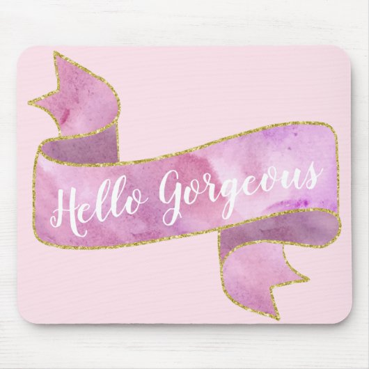 ガーリーかわいらし赤面ピンクハローゴス金ゴールドリボン マウスパッド (正面)