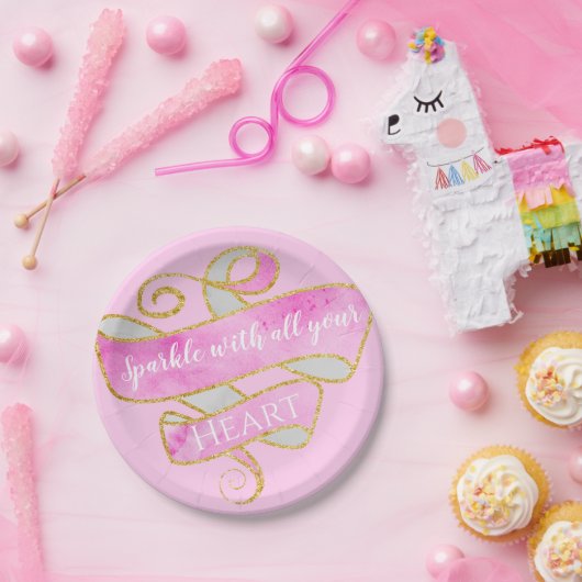 ガーリーかわいらし赤面ピンク金ゴールドグリッタースパークルハート ペーパープレート (パーティー)