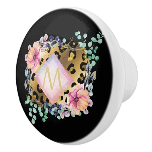 ガーリーかわいらしLeopardプリント金ゴールドモノグラムの セラミックノブ (右)