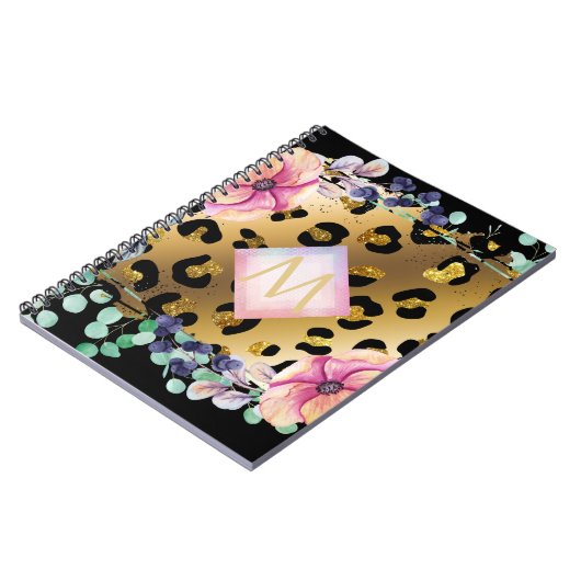 ガーリーかわいらしLeopardプリント金ゴールドモノグラムの ノートブック (左側)