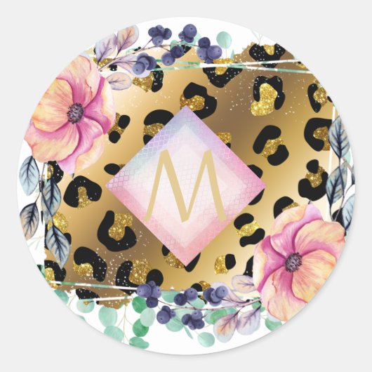 ガーリーかわいらしLeopardプリント金ゴールドモノグラムの ラウンドシール (正面)