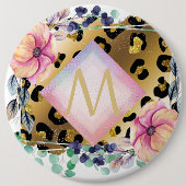 ガーリーかわいらしLeopardプリント金ゴールドモノグラムの 缶バッジ (正面)