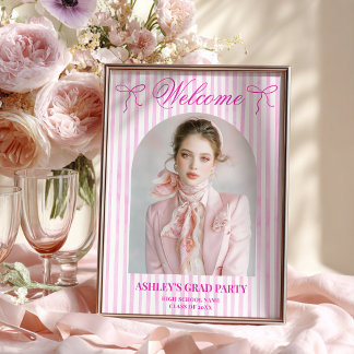 ガーリーでおしゃれなピンクストライプの卒業式ウェルカムサイン ポスター