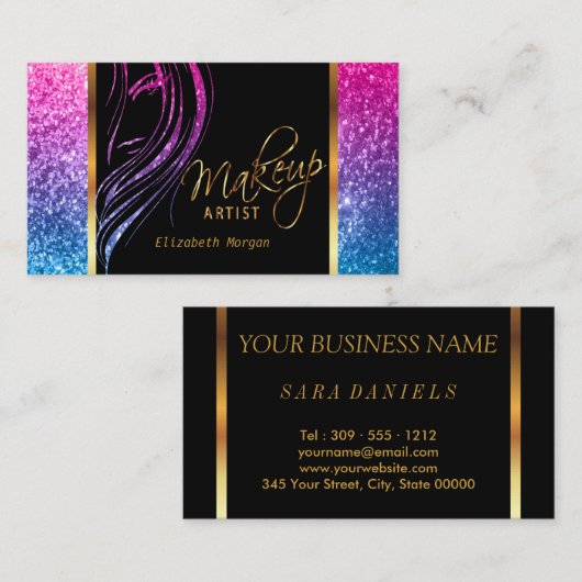 ガーリーでカラフルなグリッターのメーキャップアーティスト 名刺 (正面/裏面)