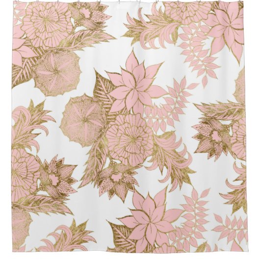 ガーリーでモダンな赤面のピンクのホワイトゴールドの花柄 シャワーカーテン (正面)