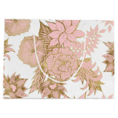 ガーリーでモダンな赤面のピンクのホワイトゴールドの花柄 ラージペーパーバッグ (裏面)