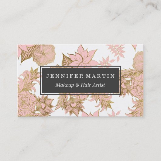 ガーリーでモダンな赤面のピンクのホワイトゴールドの花柄 名刺 (正面)
