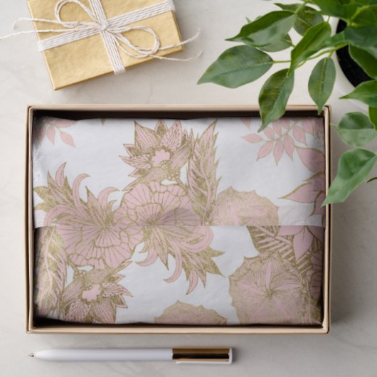 ガーリーでモダンな赤面のピンクのホワイトゴールドの花柄 薄葉紙 (ギフト)