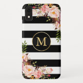 ガーリーでモノグラムのな金ゴールドの花の白黒のストライプ Case-Mate iPhoneケース (裏面)