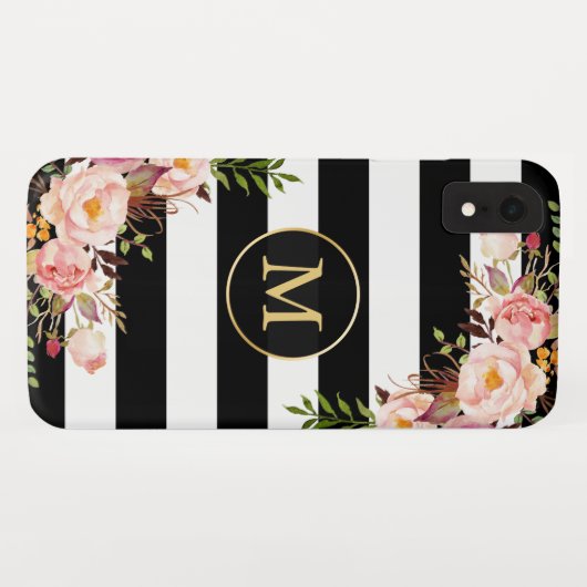 ガーリーでモノグラムのな金ゴールドの花の白黒のストライプ Case-Mate iPhoneケース (裏面(横))