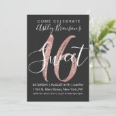 ガーリーで黒いのどのばら色の金ゴールドのスパンコールのグリッターの菓子16 招待状 (スタンド正面)