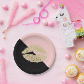 ガーリーで黒い赤面のピンクのシックなグリッターの唇 ペーパープレート (パーティー)