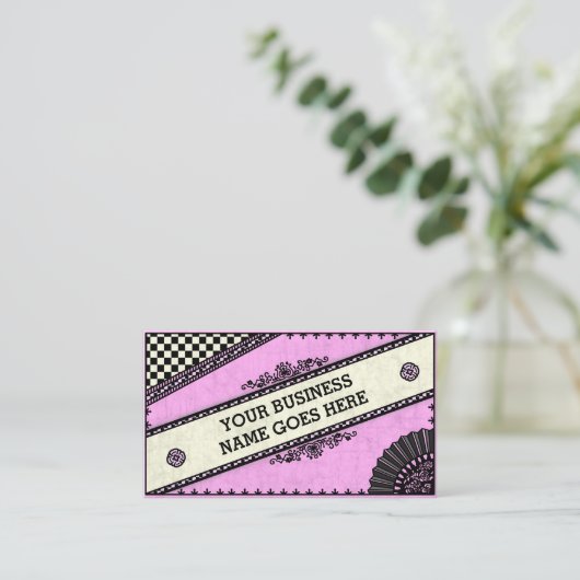 ガーリーなかわいらしいヴィンテージのチェック模様のピンクファン 名刺 (スタンド正面)