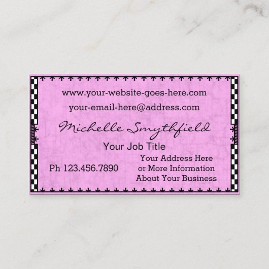 ガーリーなかわいらしいヴィンテージのチェック模様のピンクファン 名刺 (裏面)