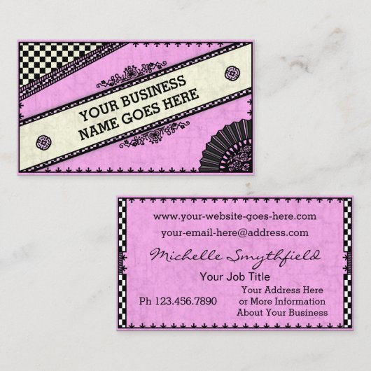 ガーリーなかわいらしいヴィンテージのチェック模様のピンクファン 名刺 (正面/裏面)