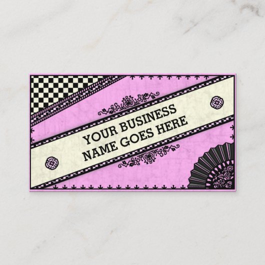 ガーリーなかわいらしいヴィンテージのチェック模様のピンクファン 名刺 (正面)