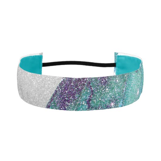 ガーリーなきらめくティール(緑がかった色)の青および黒くフェイクなグリッター アスレチックヘッドバンド (正面)