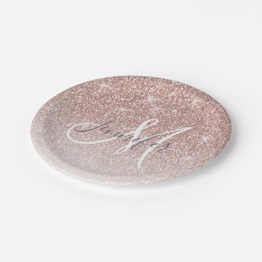 ガーリーなばら色の金ゴールドのグリッターの赤面のモノグラムの名前 ペーパープレート (アングル)