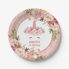 ガーリーなばら色の金ゴールドのユニコーン/水彩画のばら色の花柄 ペーパープレート