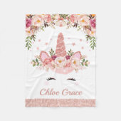 ガーリーなばら色の金ゴールドのユニコーン/花の水彩画のバラ フリースブランケット (正面)