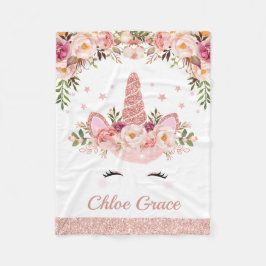 ガーリーなばら色の金ゴールドのユニコーン/花の水彩画のバラ フリースブランケット