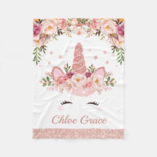 ガーリーなばら色の金ゴールドのユニコーン/花の水彩画のバラ フリースブランケット (正面)