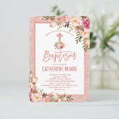 ガーリーなばら色の金ゴールドの花の洗礼の女の赤ちゃん 招待状 (スタンド正面)