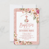 ガーリーなばら色の金ゴールドの花の洗礼の女の赤ちゃん 招待状 (正面)